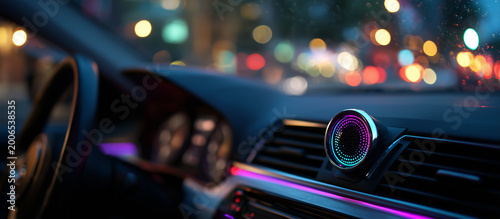Colorful air freshener sits on car dashboard