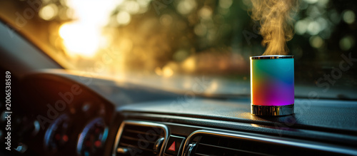 Colorful air freshener sits on car dashboard
