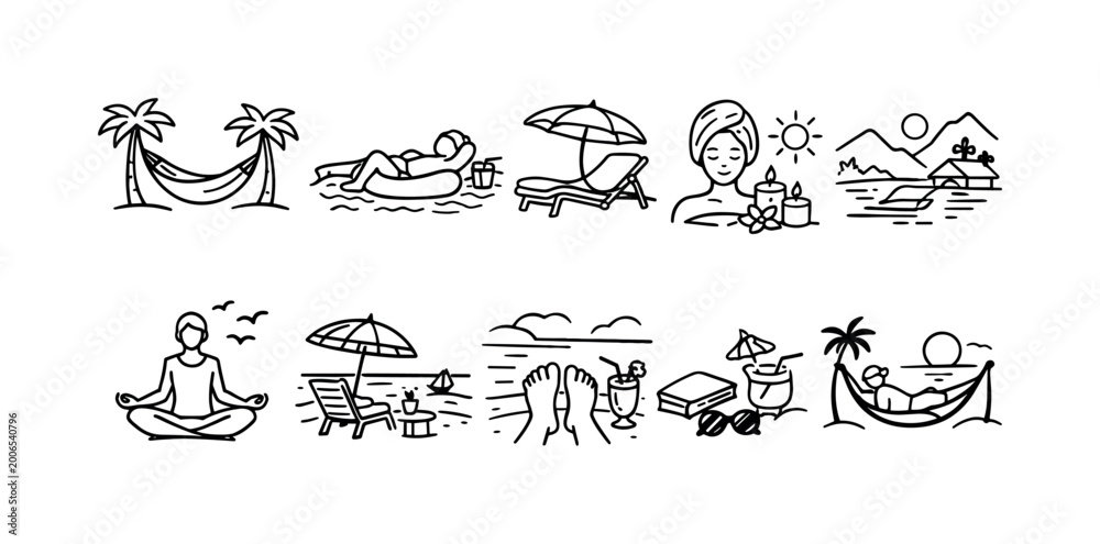 Obraz premium Collection of simple line art icons representing beach vacation and relaxation activities