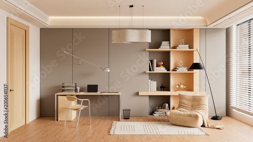 Fényképezés Modern home office interior with wooden desk shelving beige tones natural light workspace minimal decor cozy productivity aesthetic scene