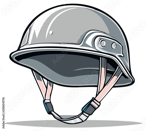 Illustrated gray military helmet with chinstrap, isolated on white background