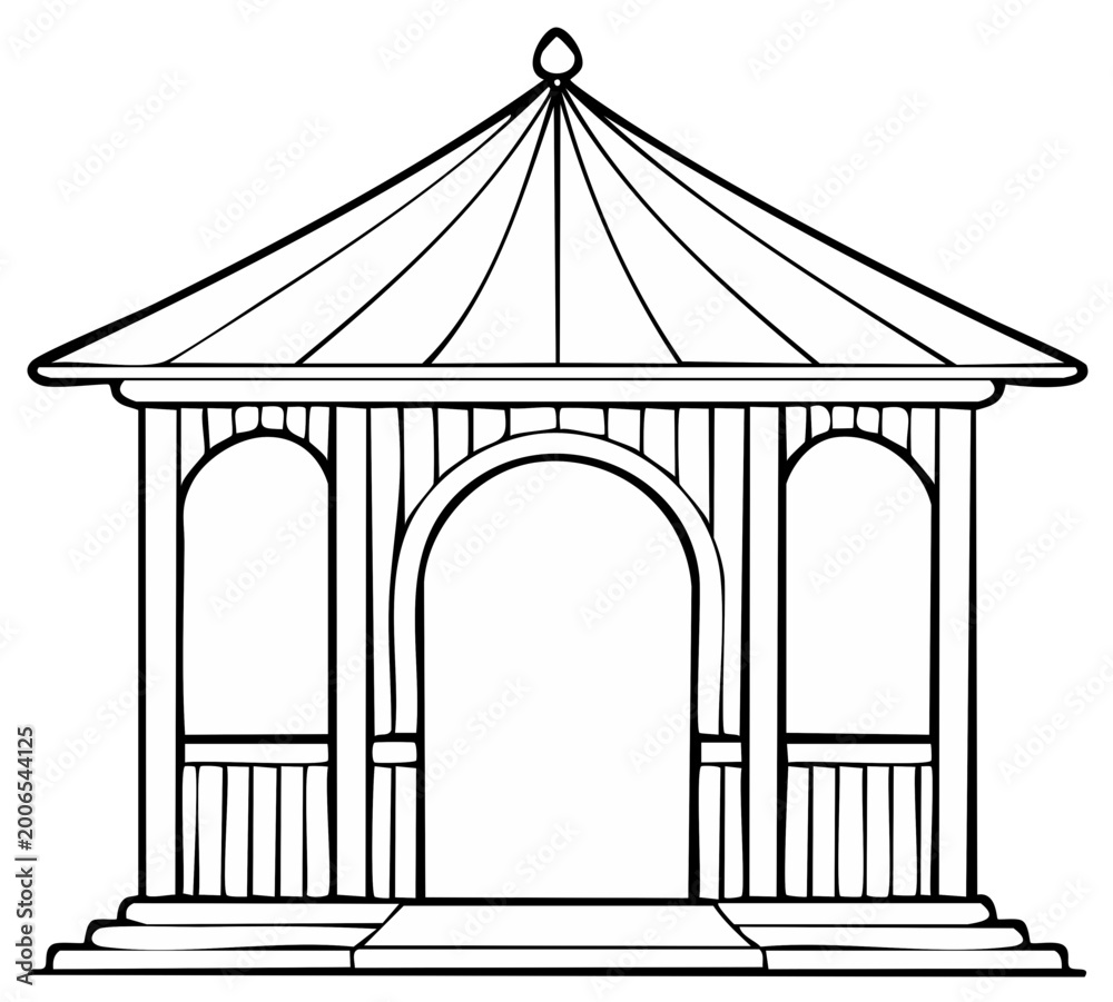 Fototapeta premium Black and white illustration of a gazebo structure with arched openings.