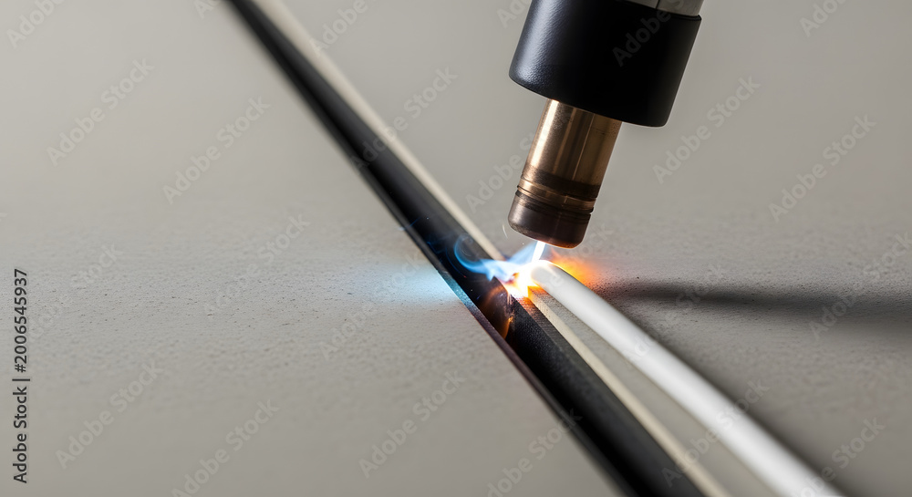 Naklejka premium Close-up shot of a welding torch in action, creating sparks and joining two metal pieces together