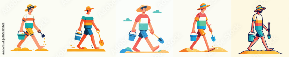 Fototapeta premium vector of a man walking carrying a sand shovel in summer