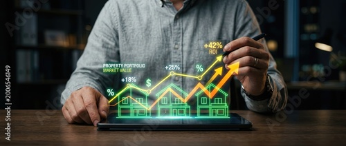 Real estate investment strategies analyzing property portfolio growth financial markets digital interface indoor workspace data visualization techniques