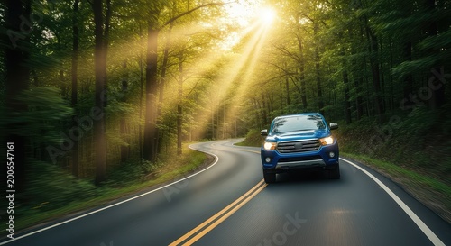 A vibrant blue pickup truck drives fast along a curved asphalt road deep within a lush green forest as golden sunlight beams through trees, asphalt, bright, driving