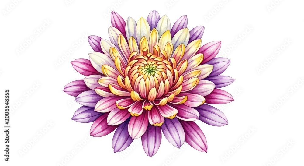 Obraz premium Elegant hand-painted watercolor chrysanthemum blossom with intricate, delicate petals isolated on a pristine white backdrop for design, design, decoration, painting