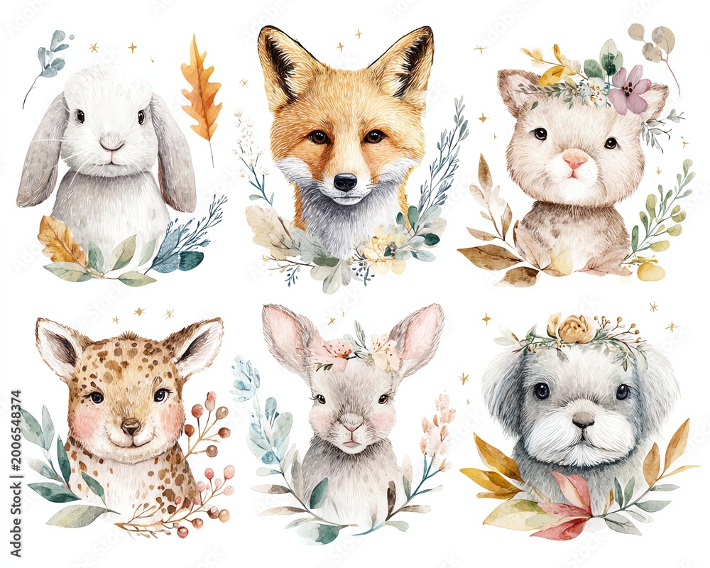 Obraz premium Charming watercolor animal portraits with flowers.