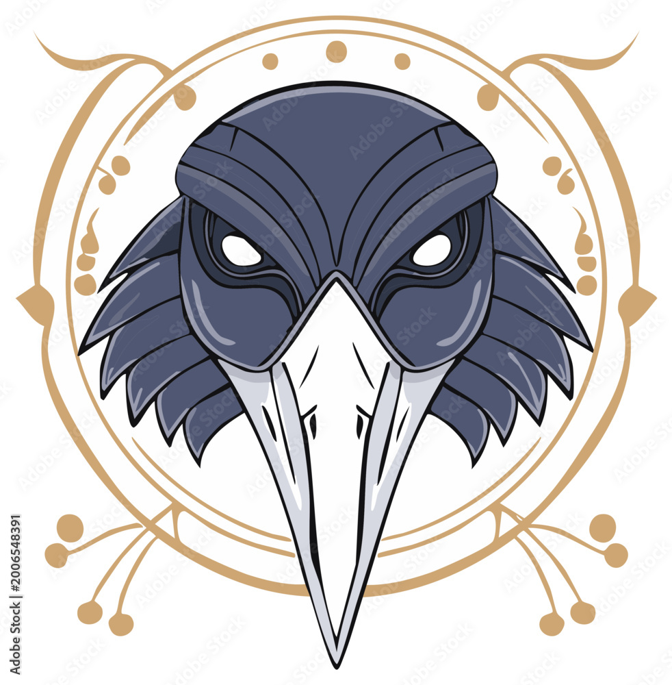 Fototapeta premium Fantasy Crow Mask Emblem with Glowing Eyes and a Decorative Gold Circle