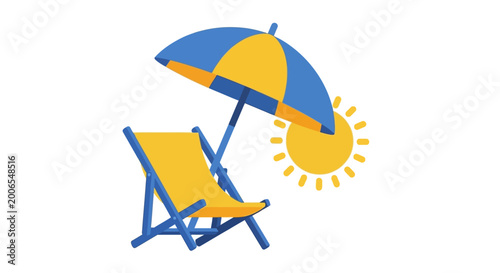Tableau sur toile Summer Beach Scene: Sun, Umbrella, and Deck Chair - Relaxation and Vacation Conc