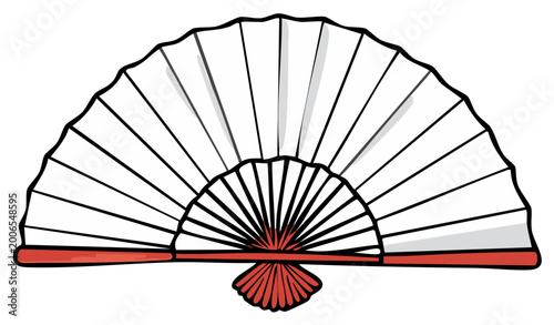 Traditional Japanese folding fan opened with red handle and tassel decorative accessory