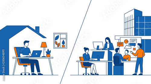 Foto Remote Work vs Office Work: Hybrid Workplace Concept Illustration