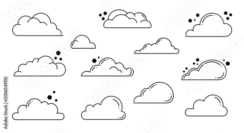 Large collection of various fluffy cloud shapes in black outline style with small decorative dots representing rain or atmosphere.