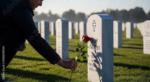 Man placing rose on grave stone.