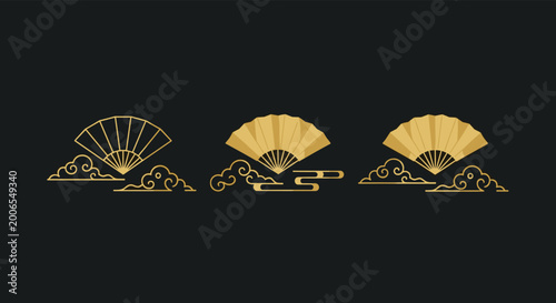 Three elegant golden folding fans with traditional cloud patterns on a dark charcoal background for luxury design.