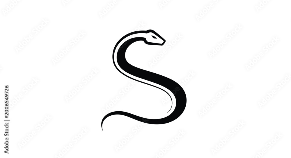 Fototapeta premium Minimalist black silhouette of a snake curved into a sleek S shape representing danger, wisdom, or a zodiac symbol.