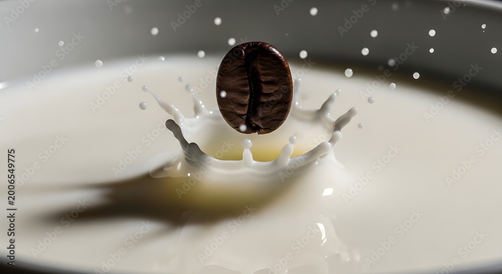 Fototapeta premium Roasted Coffee Bean Dropping into Milk Splash