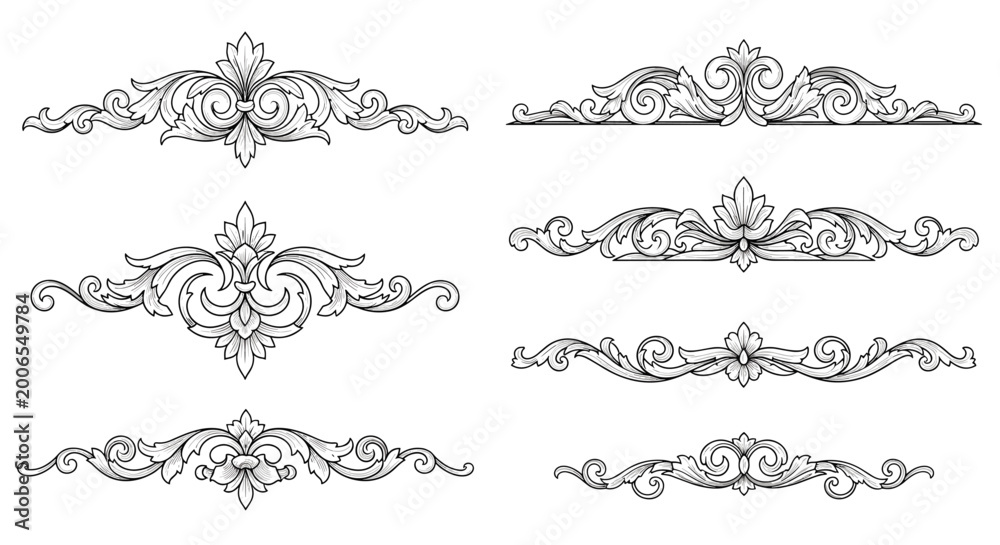 Obraz premium Collection of various ornate classical scroll designs and decorative borders in a traditional architectural style.