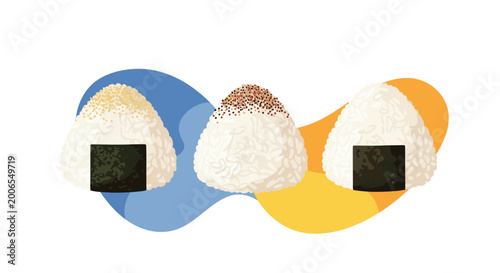 Set of three traditional Japanese onigiri rice balls with seaweed and various toppings on blue and yellow blobs.