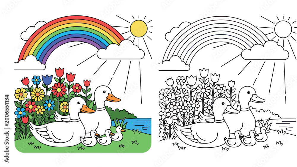 Naklejka premium Cute Cartoon Duck Family with Ducklings by Flowers, River, Rainbow, and Sun