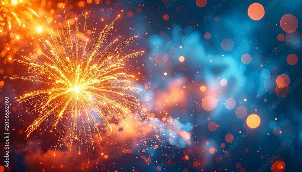 Obraz premium Abstract orange fireworks sparkle explosion against a rich blue bokeh background.