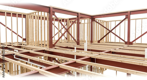 Precision 3D rendering depicting the robust internal structural framework of a building under construction, highlighting steel beams and wooden joists for modern design