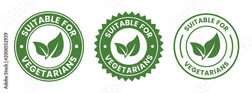 Vegetarian food labels with leaves suitable for vegetarians text and circular designs high quality professional detailed modern elegant stylish clean crisp vibrant colorful digital