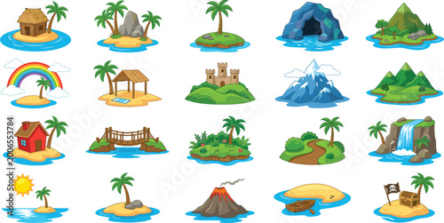 Fotografie Large Collection of Tropical Island Vector Illustrations Featuring Volcanoes Cav