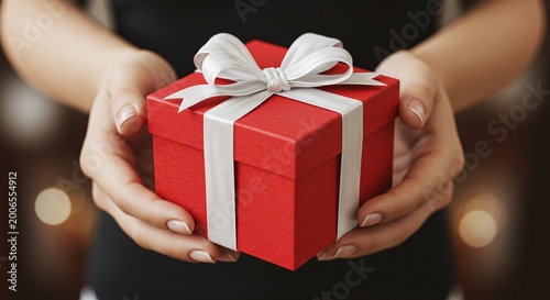 Woman holding a red gift box with white ribbon and bow in hands