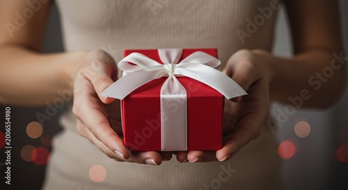 Woman holding a red gift box with a white ribbon tied around it