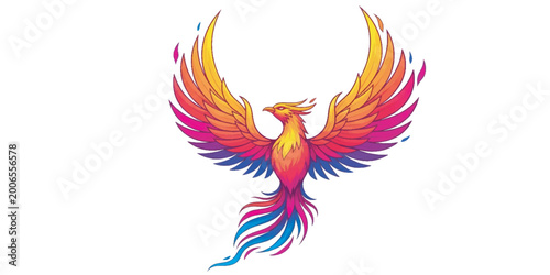 Vibrant colorful phoenix bird flying.