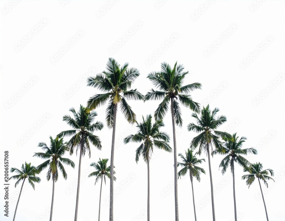 Fototapeta premium Symmetrical arrangement of tropical palm trees isolated against a clear sky, perfect for summer travel banners and coastal vacation backgrounds