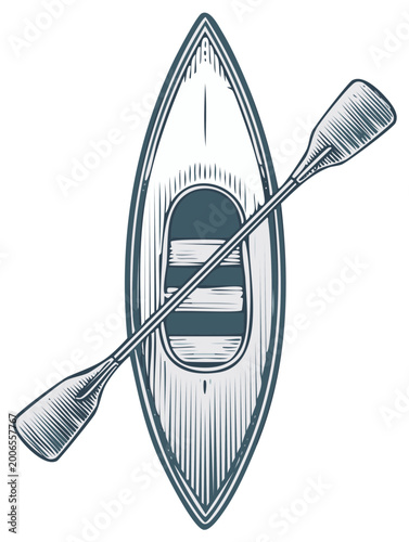 Woodcut Style Kayak and Paddle Illustration Overhead View For Recreational Watersports