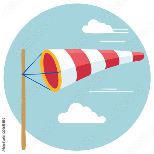 Cartoon windsock illustration against a blue circle sky background with clouds