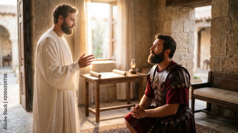 Fototapeta premium Angel appearing to centurion Cornelius in a vision described in the Bible. Man in ancient Roman military armor kneeling before a divine messenger. Religious scene of heavenly revelation.