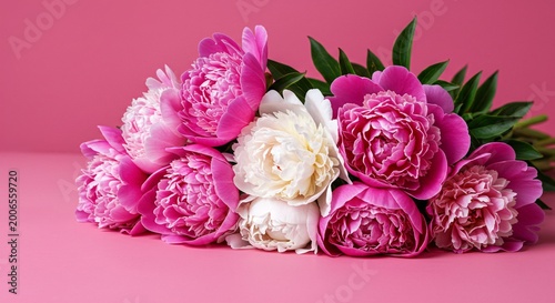 Vibrant bouquet of pink and white peonies on pink background