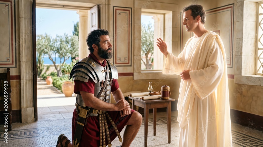 Obraz premium Roman centurion kneeling before angel in ancient house. Biblical scene of Cornelius and divine messenger. Spiritual encounter, faith, religious revelation and historical reenactment.