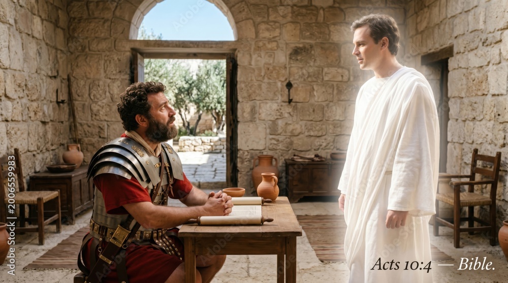 Naklejka premium Roman centurion Cornelius having a vision of an angel appearing in his home. Biblical illustration of the Book of Acts 10. Religious scene depicting divine encounter and revelation.