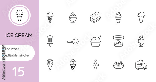 Set of line icons of ice cream, popsicle, and cone. Editable outline.