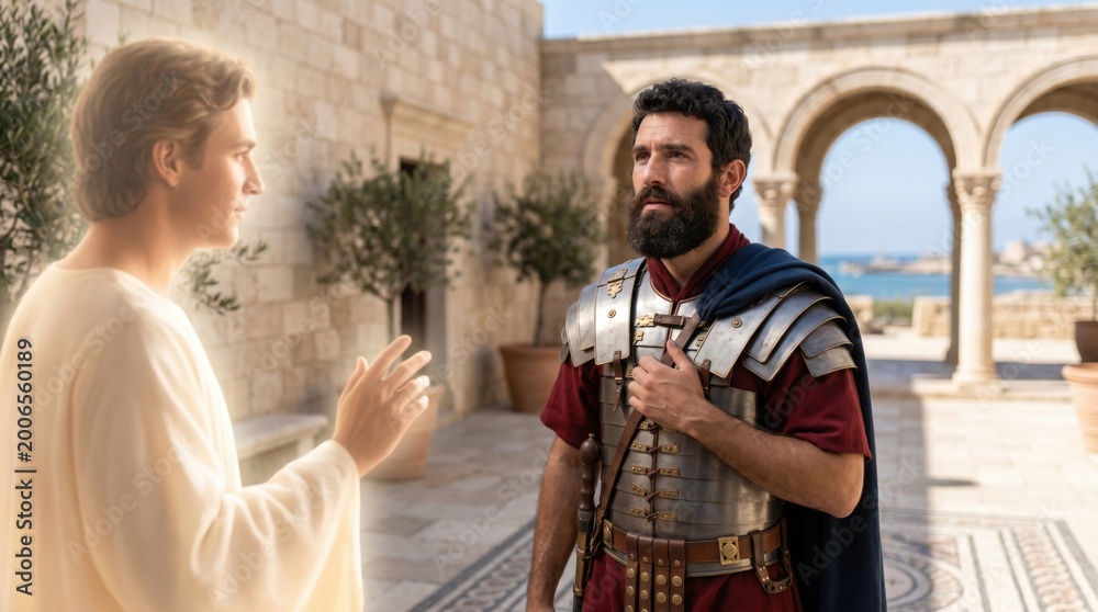 Fototapeta premium Angel appearing to centurion Cornelius in a biblical vision. Man in roman armor meeting divine messenger in stone courtyard. Spiritual scene from Acts of the Apostles in New Testament.