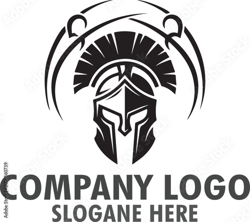 Spartan Helmet with Crossed Swords Logo Design Symbolizing Strength, Courage and Warrior Spirit