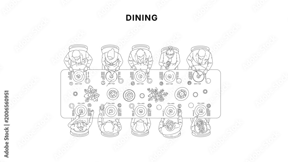 Naklejka premium People dining at long table overhead CAD drawing, formal dinner layout with plates, cutlery, and floral centerpieces in clean minimal architectural line style 