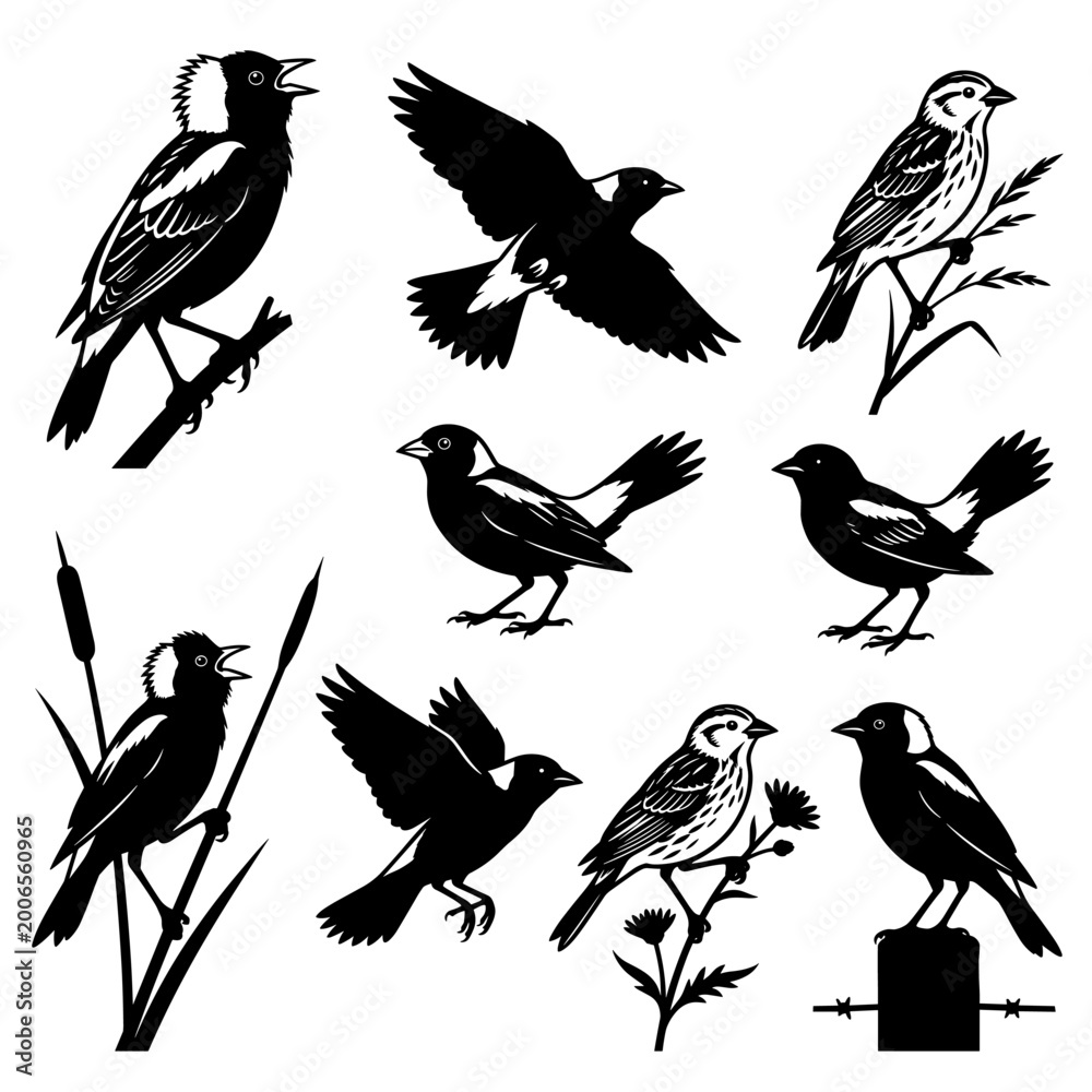 Obraz premium Black and white vector silhouette set of Bobolink.