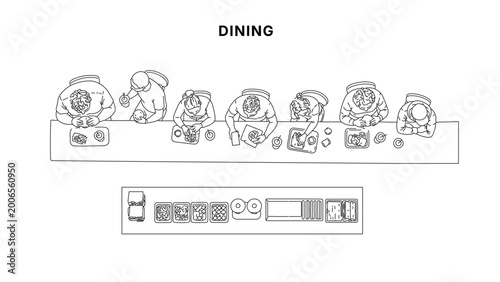 Tableau sur toile People eating at long table top view CAD drawing set, overhead dining scene with