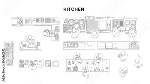 Fotografía Commercial kitchen top view CAD drawing set, chefs preparing food with cooking s