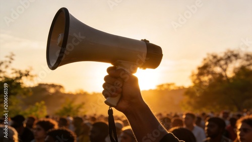 Hand holding megaphone at sunset rally