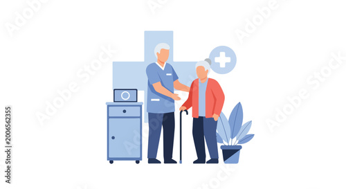 Tableau sur toile A vector illustration depicting a male nurse providing support and care to an elderly woman with a walking cane in a medical setting