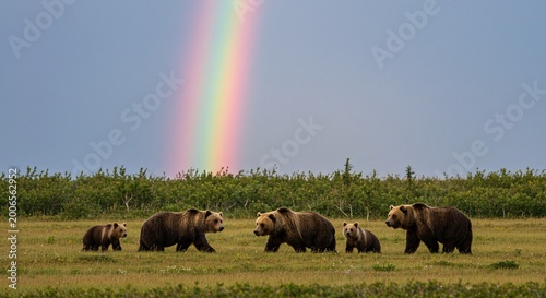 Family of grizzly bears walking in a field with a rainbow