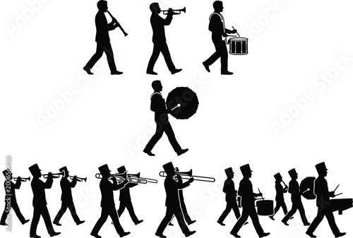 Obraz na plátně Marching Band Silhouettes Set – Parade Musicians, Drumline & Brass Instrument Ve