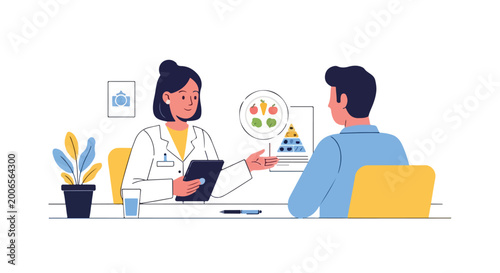 A female nutritionist explains healthy eating habits to a male patient using a food pyramid and plate diagram in a clinic office.